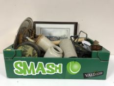 Two boxes of pottery, china candlesticks, storage pots,