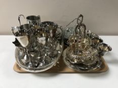 A tray containing 20th century plated ware including serving dishes, egg cups, goblets,