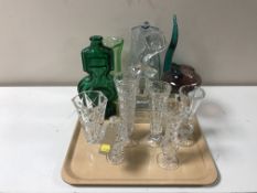 A tray of coloured glass vases, lead crystal vases,
