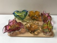A tray of six studio coloured glass bowls