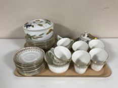 A tray of assorted glass ware and a tray of Royal Chelsea tea service, Royal Worcester oven dish,