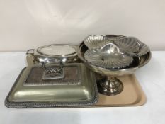 A tray of 20th century plated ware - comport, lidded entree dishes,