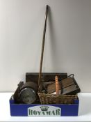 A box of oak cutlery canteen, oak mantel clock, hearth scoop and brush,