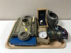 A late 19th century plated desk stand together with boxed cutlery, carnival glass bowl, plated ware,