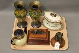 A pair of brass lacquered vases together with an eighteenth century sauce tureen and cover,