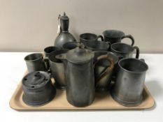 A tray containing a quantity of assorted pewter ware including inkwell, tankards,