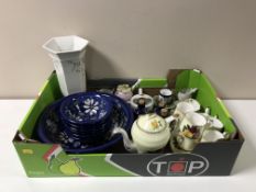 A box containing a Imperial bone china tea service, oriental china trio, pottery bowls,