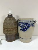 A Danish pottery table lamp and a salt glazed twin-handled pot