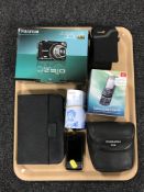 A tray of mobile phones, digital camera, set of cased Chinon binoculars,