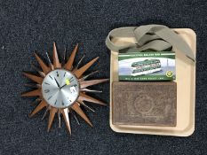 A tray of 1970's Metamec teak sun burst clock,