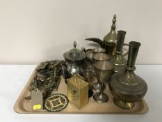 A tray of brass vases, horse brasses, plated teapot and goblets,
