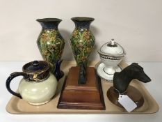 A pair of brass lacquered vases together with an eighteenth century sauce tureen and cover,