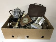 A box of plated ware, cutlery, hip glass,