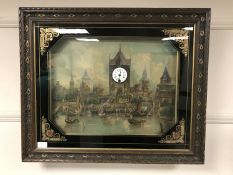 A Victorian picture clock in a verre eglomise frame