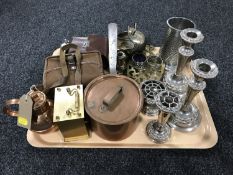 A tray of assorted copper brass and plated ware - lidded pan, candlesticks, sugar helmet,