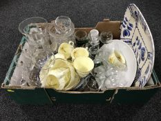A box of part Crown Staffordshire tea service, lead crystal wine glasses, vases,