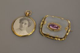 A gold mounted amethyst and agate brooch,
