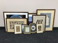 Two framed John Brass prints of brass bands and three other pictures of boats, coastal scenes,