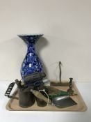 A tray of vintage British monitor blow torch, brass bellows, metal ware,