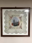 An early 20th century mahogany framed silk embroidery depicting a church