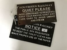 Two cast iron signs - quiet and notice