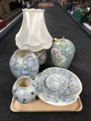 An oriental style lidded pumpkin jar, pair of pottery vases,