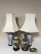 A pair of blue and white crackle glazed table lamps with shades and a pair of Japanese style table