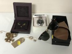 A tray of Ray Ban sunglasses, silver gilt earrings, gent's Pulsar wrist watch,