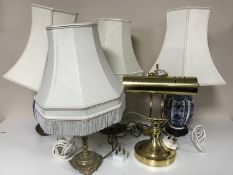 Three blue and white table lamps with shade,