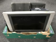 A box of two lcd tv's, in-focus tv projector, cased multi tool set,