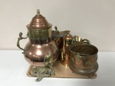 A tray of five pieces of brass and copper ware - samovar, teapot, planter,
