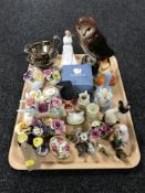 A tray of Beswick Persian cat, Royal Doulton figure Thank You, posies, Winton lustre milk jug,