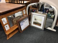 An un-framed mirror, cream framed over mantel mirror, A pine mirrored over mantel/photo frame,