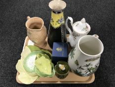 A tray of Port Merion vase, Carlton ware leaf dishes, Arthur Wood jug,
