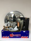 A box of convex mirror, leather case, early 20th century portrait study, jam pan, table lamps,