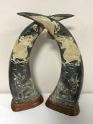 Two framed fabric colleges, two framed prints,