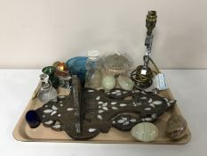 A tray of inlaid hardwood wall shelf, mid 20th century chrome table lamp, onyx eggs, glass ware,