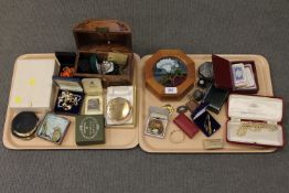 Two trays containing a collection of costume jewellery, compacts, boxed Ronson lighter,