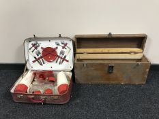 A cased mid 20th century picnic set and a plywood storage box