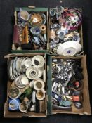 Four boxes of ornaments, tea china, cutlery,