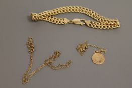 A 9ct gold bracelet and two 9ct gold chains, 11.