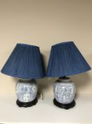 A pair of blue and white bulbous table lamps with shades