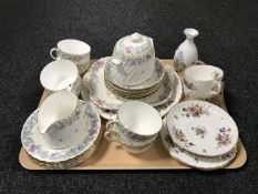 A tray of twenty one piece Minton Printemps pattern bone chine tea service,