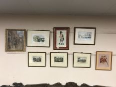 A group of eight antique and later colour prints depicting a labrador, military subject,