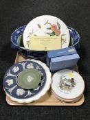 A tray of blue and white planter, Wedgwood jasper ware,