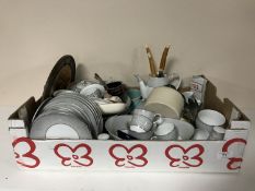 Two boxes of assorted glass ware, Noritaki dinner service, pottery jug, vintage Teddy bear,