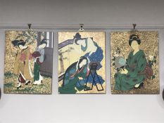 Three Japanese wall panels depicting geisha