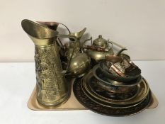 A tray of copper ware - plaques, jugs, teapot etc and a copper William E.