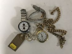 Three sterling silver rings, gilt metal ring, Casio watch, pocket watch,