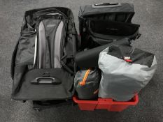 A box of bookends, inspection lamp and camping equipment - tents,